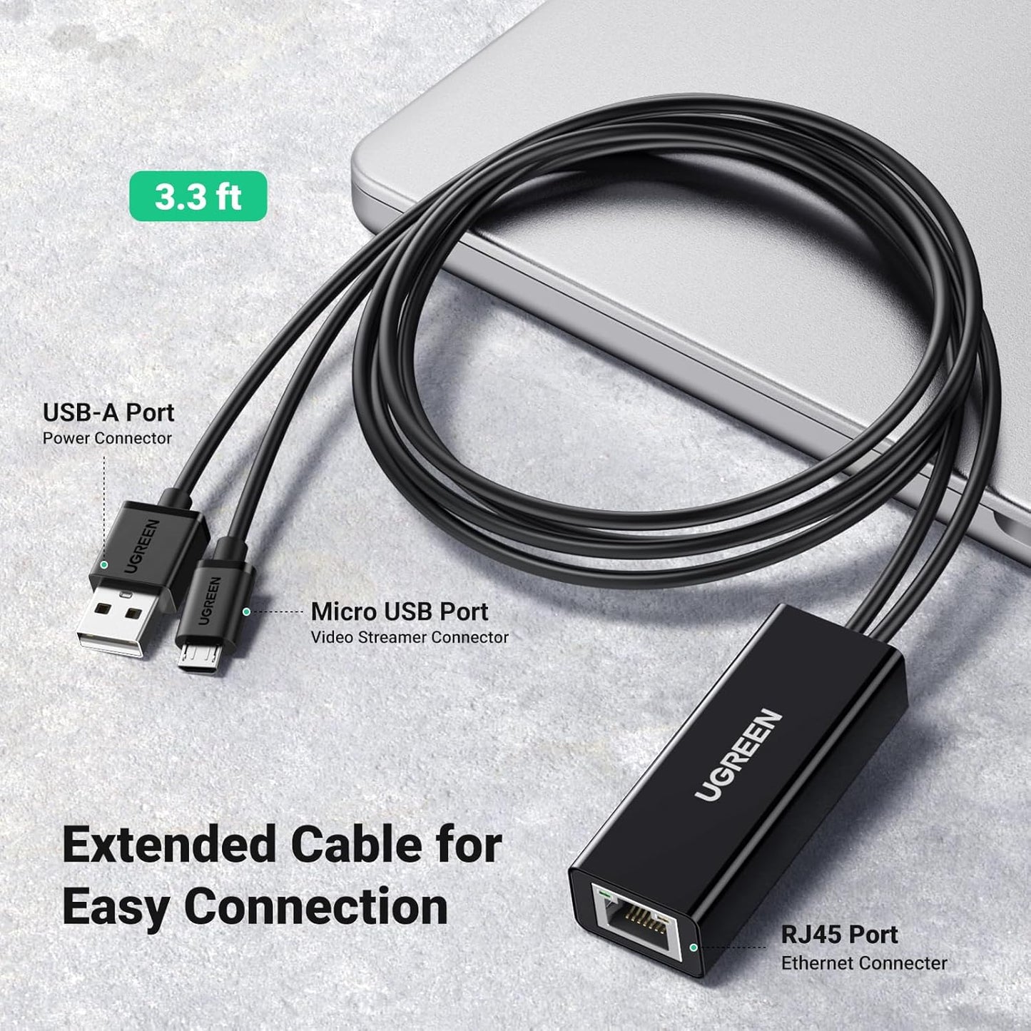 UGREEN Ethernet Adapter Compatible with Fire TV Stick 4K Max Lite Chromecast Google Home Mini Micro USB to RJ45 Converter Network Adaptor with 1M Power Supply Cable