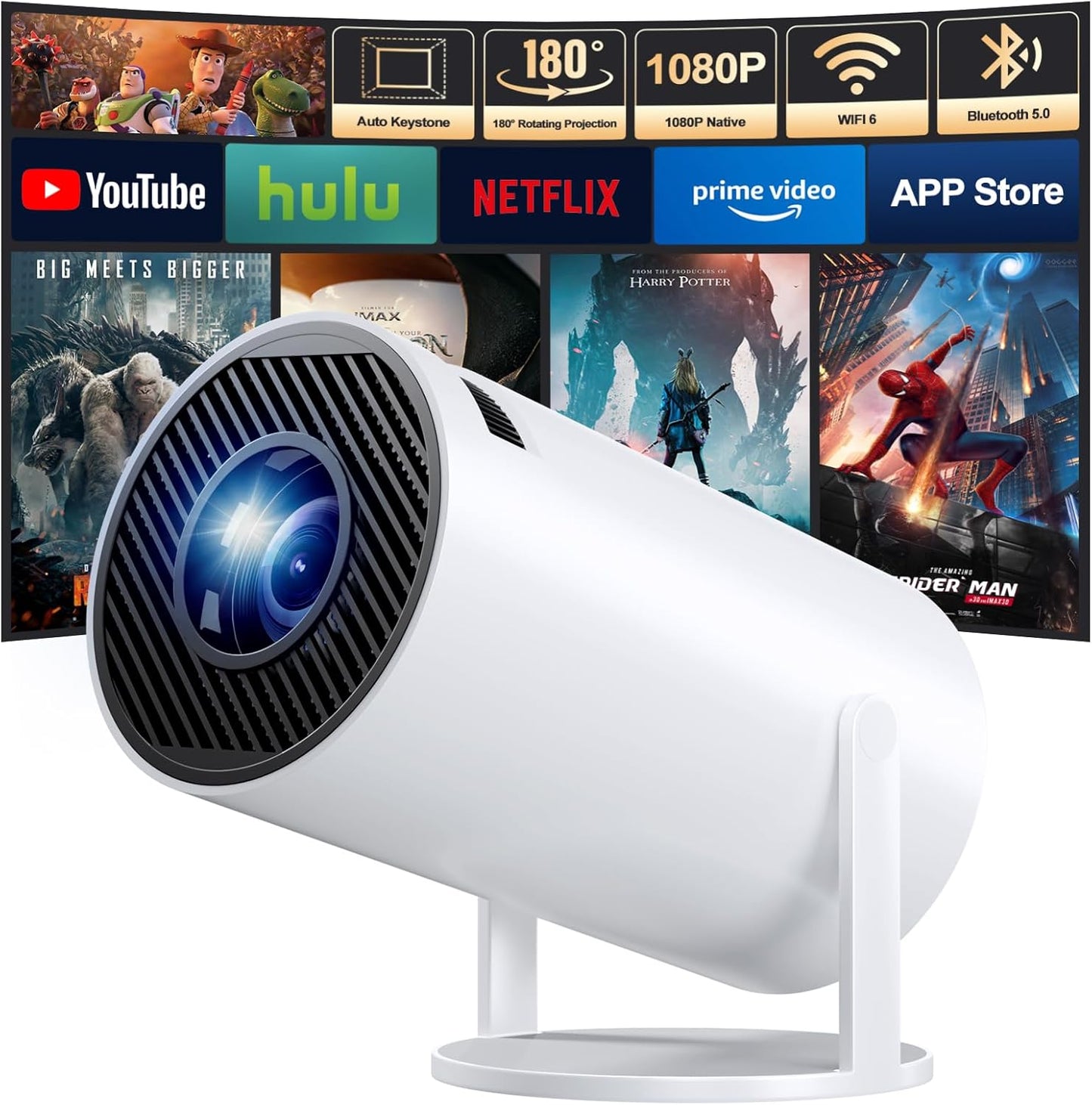Mini Projector [Built-in App & 2026 Upgraded &1080P] Support Auto Keystone, Portable Projector with WiFi and Bluetooth, 180 Adjustable Fit for Home Theater/Outdoor/TV Stick/iPhone